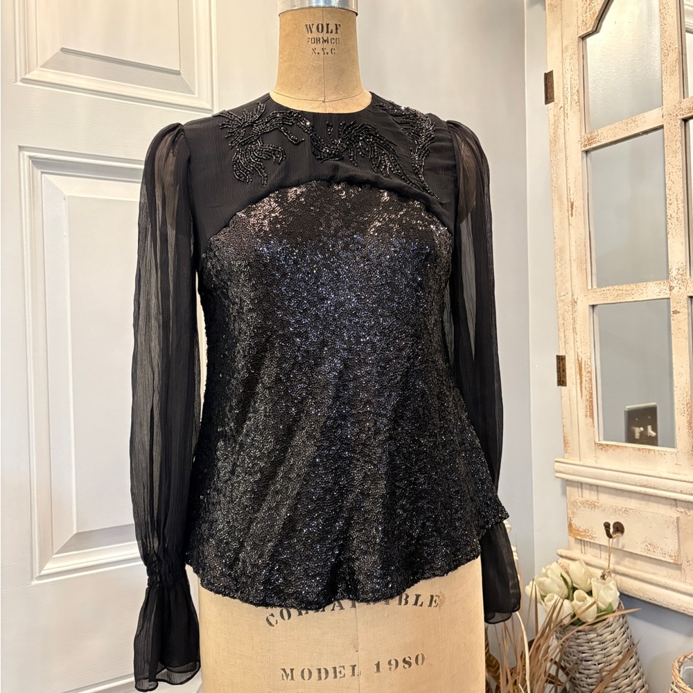 Caballero Elegant Black Long‎ Sleeve Sequin Diamond Back Top Blouse Medium Silk